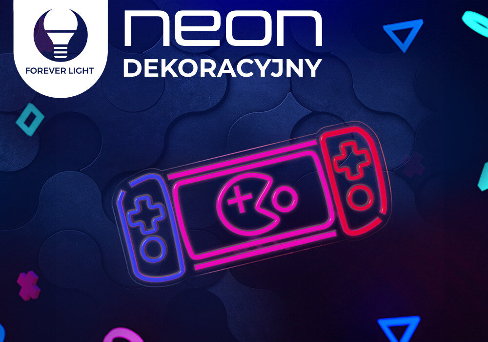 Neon LED FOREVER LIGHT Konsola Do Gier FPNE27, dekoracja, pokój, gracz, styl, neonowa konsola z pacmanem obok logotypy zalet neonu