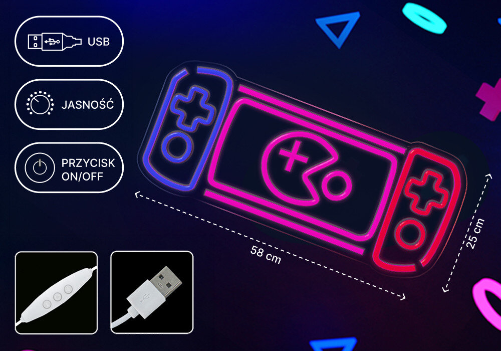 Neon LED FOREVER LIGHT Konsola Do Gier FPNE27, kabel, usb, zasilanie, montaż, Specyfikacja neonu Switch: regulacja jasności, USB, pilot, wymiary 25x58 cm.