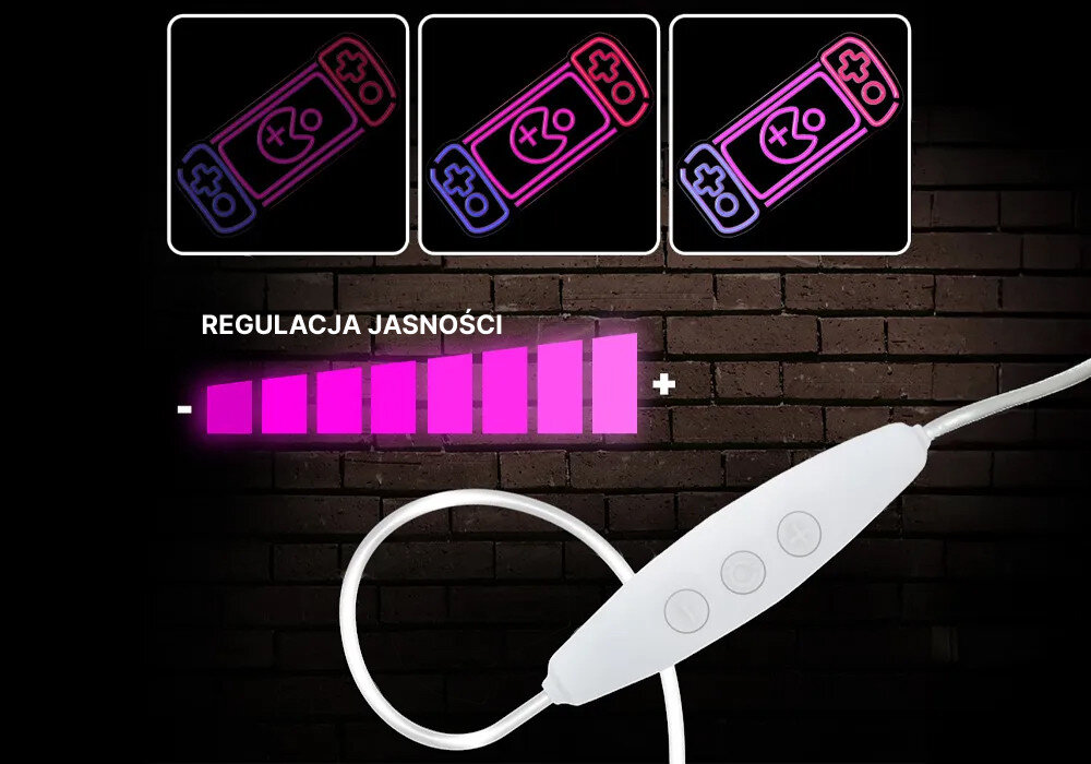 Neon LED FOREVER LIGHT Konsola Do Gier FPNE27, ściemniacz, światło, komfort, noc, Trzy poziomy jasności neonu Nintendo Switch z Pac-Manem na ceglanym tle i pilotem.
