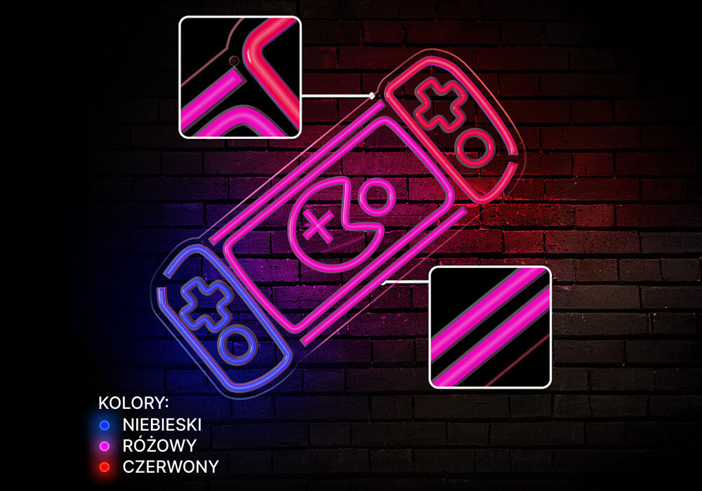 Neon LED FOREVER LIGHT Konsola Do Gier FPNE27, plexi, poświata, montaż, efekt, neon w kształcie konsoli na ceglanej ścianie