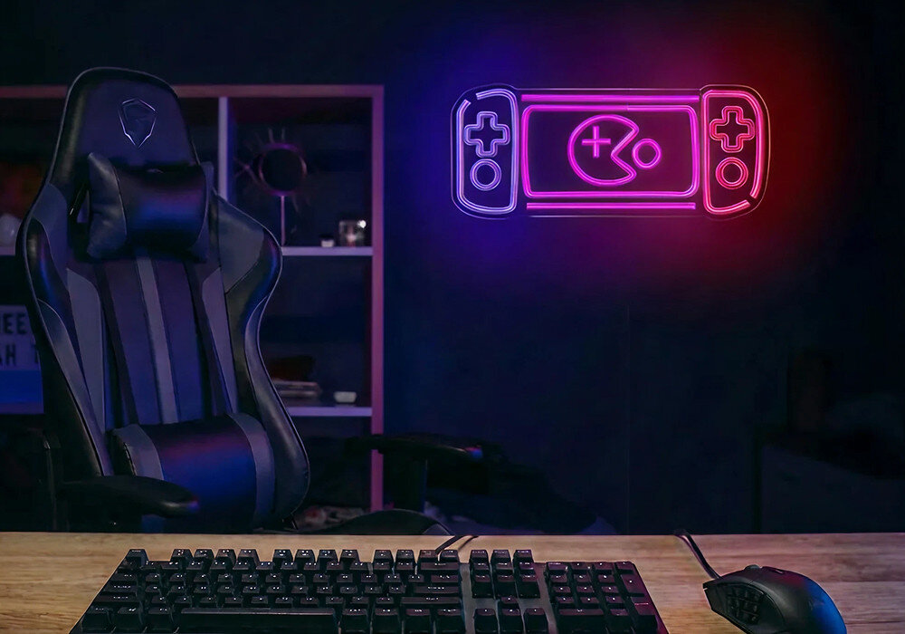 Neon LED FOREVER LIGHT Konsola Do Gier FPNE27, led, ekonomia, światło, wydajność, Logo Forever Light Neon z różowo-niebieskim neonem konsoli Nintendo Switch i Pac-Manem.