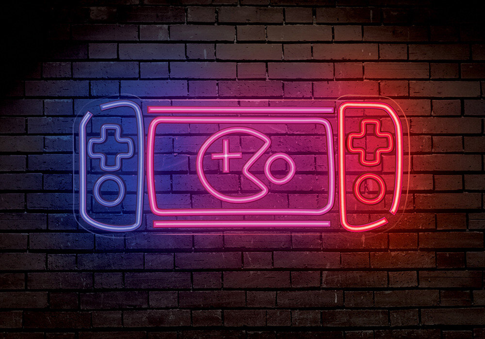 Neon LED FOREVER LIGHT Konsola Do Gier FPNE27, prezent, gaming, styl, radość, neon w kształcie konsoli zamontowany na ceglanej ścianie