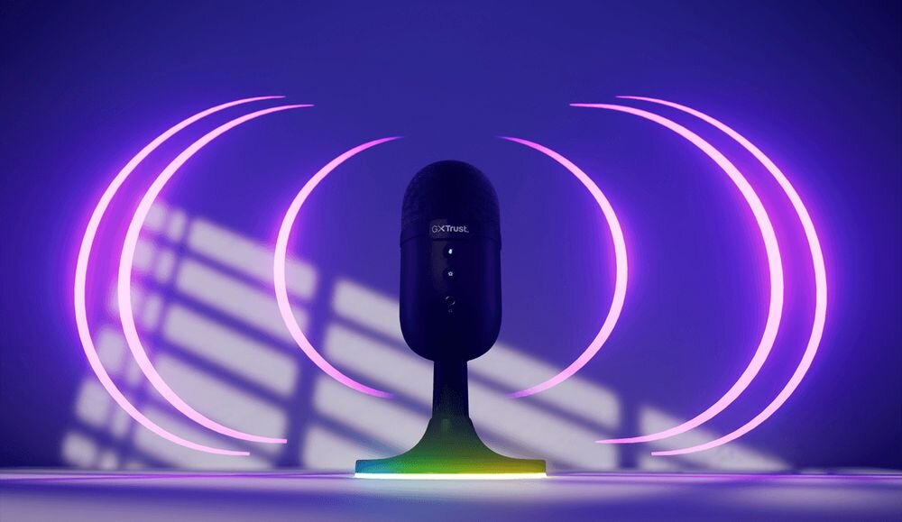 TRUST GXT 234 Yunix mikrofon USB kompaktowy do gier i nagrań, mikrofon stojący na podłodze na niebieskawym tle