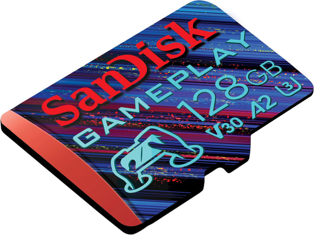 Karta pamięci SANDISK Gameplay microSDXC 128GB prezentacja karty na białym tle pod kątem odporność na wstrząsy, wodę, temperatury podróż konstrukcja chroni dane