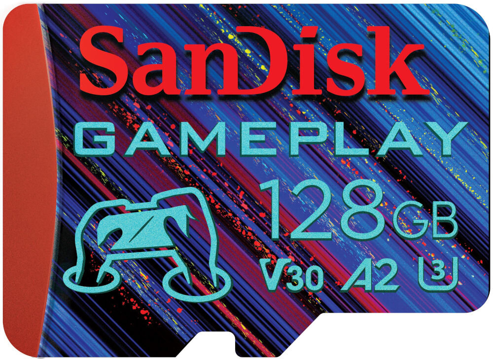 Karta pamięci SANDISK Gameplay microSDXC 128GB prezentacja karty na białym tle nagrywanie gier w wysokiej jakości, poradniki i streamy szybki zapis