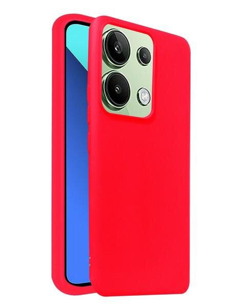 Czerwone etui na telefon z trzema widocznymi obiektywami aparatu i lampą błyskową. Telefon ma wyświetlacz z niebieskim gradientem.