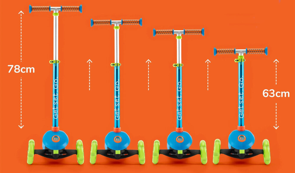 Hulajnoga dla dzieci TRUNKI Mała Niebieski pomarańczowe tło hulajnoga w czterech ujęciach pokazany system regulacji wysokości czterostopniowa regulacja kierownicy w zakresie od 63 do 78 cm sprzęt „rośnie” razem z użytkownikiem antypoślizgowe rączki z tworzywa TPE pewny chwyt bezpieczeństwo i ogranicza zmęczenie dłoni