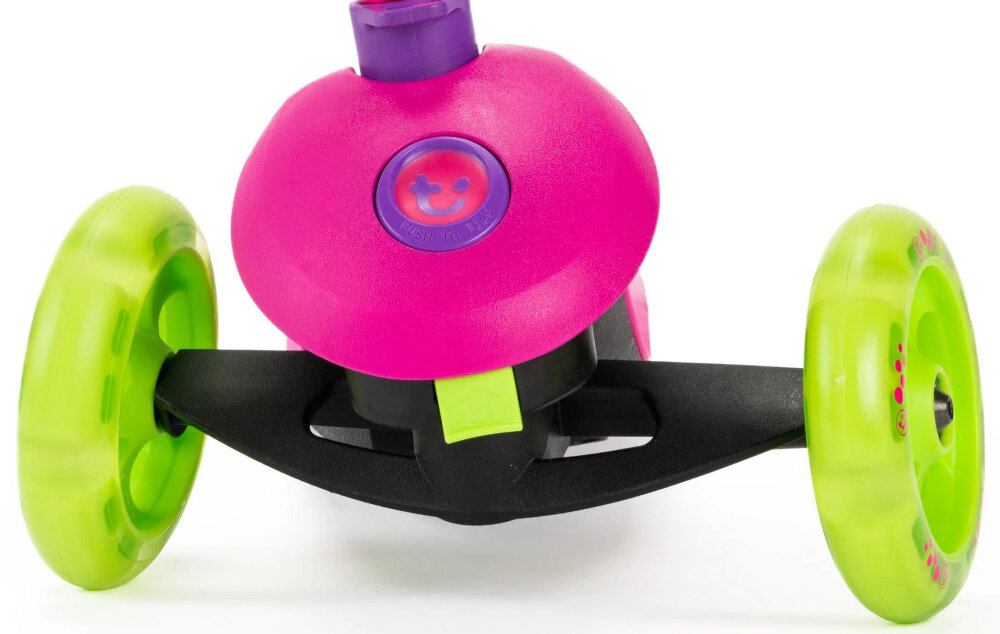 Hulajnoga dla dzieci TRUNKI Mała Różowy białe tło zbliżenie na przód hulajnogi pokazana możliwość skrętu intuicyjny system skręcania przez balansowanie ciałem dziecko steruje kierunkiem jazdy uczy koordynacji i refleksu wspiera naturalny rozwój motoryczny balansowy mechanizm pozwala dziecku poczuć kontrolę nad ruchem dla dzieci o wzroście od 95 do 115 cm