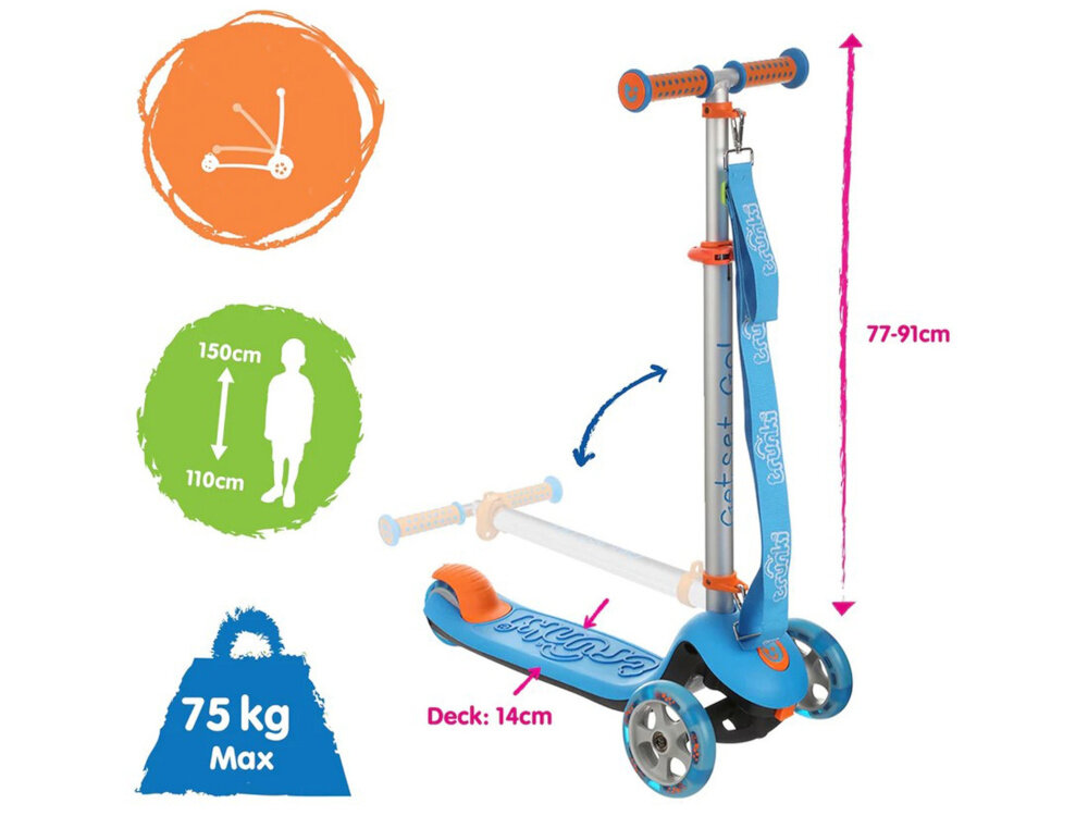 Hulajnoga dla dzieci TRUNKI Duża Niebieski hulajnoga na białym tle widoczna od przodu pod skosem obok trzy kółka z informacjami o wzroście dziecka maksymalnej wadze i maksymalnym obciążeniu dla dzieci od 4. roku życia rozwój koordynacji i równowagi szeroka platforma stabilna konstrukcja do bezpiecznego balansowania regulowana wysokość kierownicy do rekreacyjnej jazdy uczy aktywności i samodzielności w bezpieczny sposób