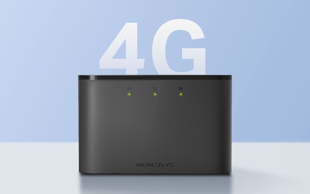 Router MERCUSYS MT110 Router na jasnoniebieskim tle z dużym napisem „4G” nad urządzeniem, łączność LTE, wymiary, wielkość, Wi-Fi, pasmo 2,4 GHz