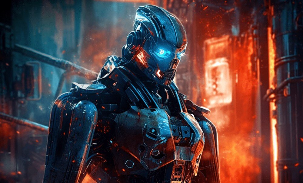 Monitor LG UltraGear 32GS75Q-B 31.5 2560x1440px IPS 180Hz 1 ms [GTG] grafika przedstawiająca robota na tle z płomieniami kolory HDR10 rozdzielczość jasność