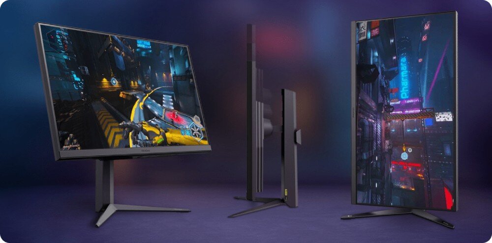 Monitor LG UltraGear 32GS75Q-B 31.5 2560x1440px IPS 180Hz 1 ms [GTG] monitor w różnych ujęciach: z przodu, z boku oraz w pozycji pionowej, pokazujących opcję regulacji podstawa standard VESA