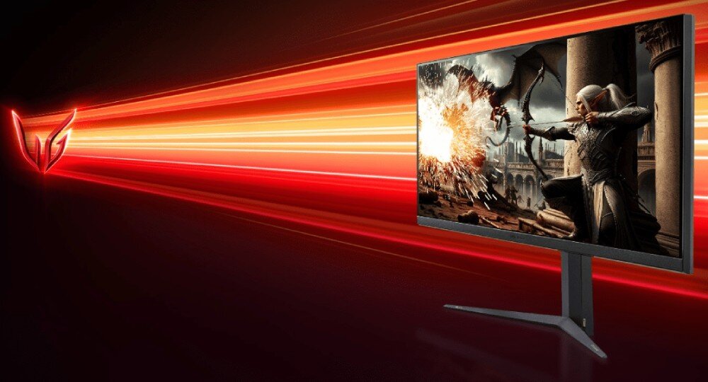 Monitor LG UltraGear 32GS75Q-B 31.5 2560x1440px IPS 180Hz 1 ms [GTG] monitor z sceną gry wideo z postacią łucznika tło obrazu składa się z czerwonych smug i logo po lewej stronie ochrona wzroku migotanie niebieskie światło