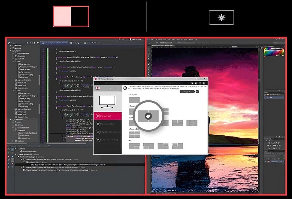 Monitor LG UltraFine 32UQ850V-W Ekran monitora podzielony na kilka okien programów, na środku interfejs OnScreen Control z układem podziału ekranu, u góry ikony trybu ciemnego i jasnego, interfejs, funkcje, kalibracja