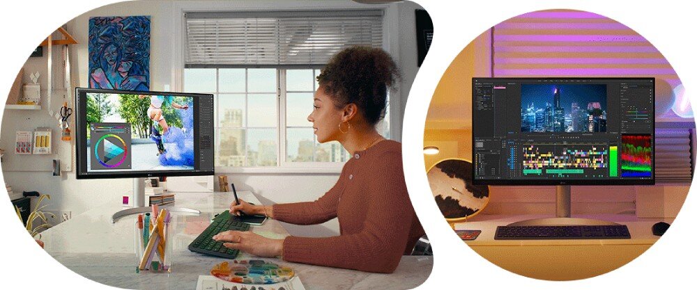 Monitor LG UltraFine 32UQ850V-W Po lewej kobieta przy biurku pracująca na monitorze z programem graficznym, po prawej nocna scena edycji wideo z kolorowymi paskami czasu i podglądem wideo, synchronizacja obrazu, AMD FreeSync™, czas reakcji, odświeżanie