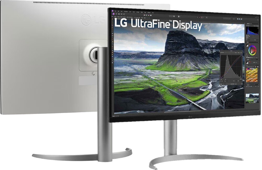 Monitor LG UltraFine 32UQ850V-W Widok monitora z przodu i z tyłu, z widocznym uchwytem montażowym i aluminiową podstawą, ekran pokazuje zdjęcie górskiej doliny, głośniki, dźwięk, audio