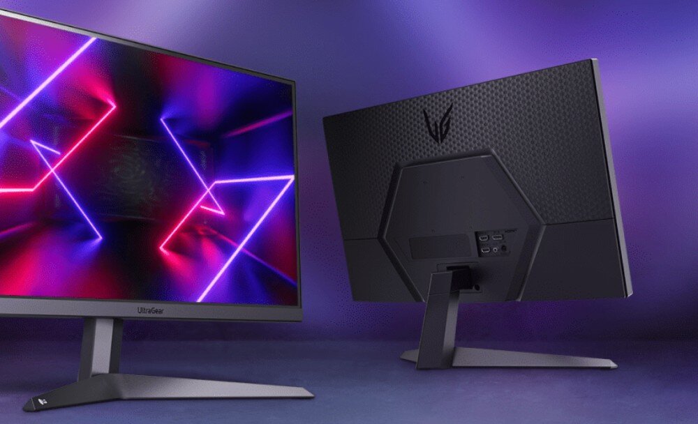 Monitor LG UltraGear 24GS50F-B 23.7 1920x1080px 180Hz 1 ms [MBR] monitor obrócony tyłem z widoczną podstawą oraz otworami mocowani VESA ramka regulacja nachylenia