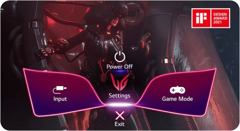 Monitor LG UltraGear 27GS85Q-B Zrzut ekranu przedstawiający interfejs menu monitora. Po bokach widoczne są opcje wyboru wejścia, ustawień oraz trybu gry, interfejs, ustawienia, skróty