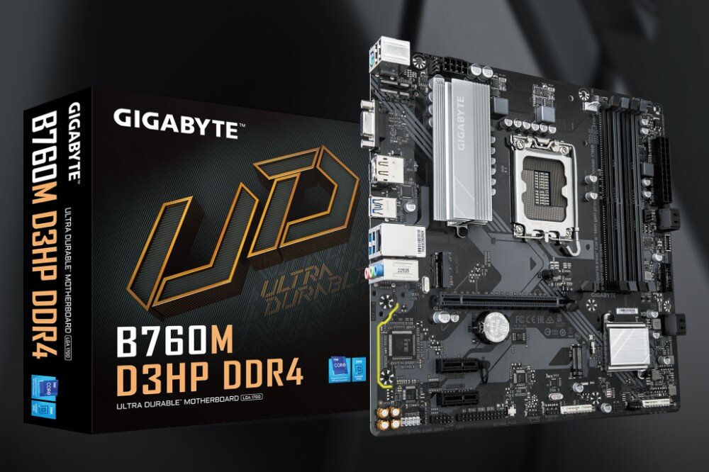 Płyta główna GIGABYTE B760M D3HP Zdjęcie przedstawia pudełko płyty głównej oraz samą płytę. Na opakowaniu widoczna jest nazwa modelu i logo producenta, a w tle znajduje się grafika, opis