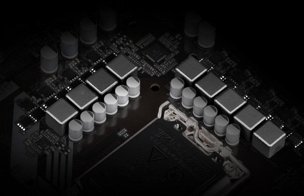 Płyta główna GIGABYTE B760M D3HP Zbliżenie na sekcję zasilania płyty głównej. Widoczne są tranzystory oraz kondensatory, kompatybilność, procesory, sekcja zasilania, gniazdo