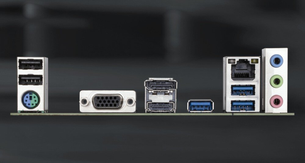 Płyta główna GIGABYTE B760M D3HP Widok panelu tylnego płyty głównej z zestawem portów. Widać tutaj kilka gniazd USB, port HDMI, DisplayPort, klasyczny port VGA, gniazdo sieciowe oraz wejścia i wyjścia audio, karta sieciowa