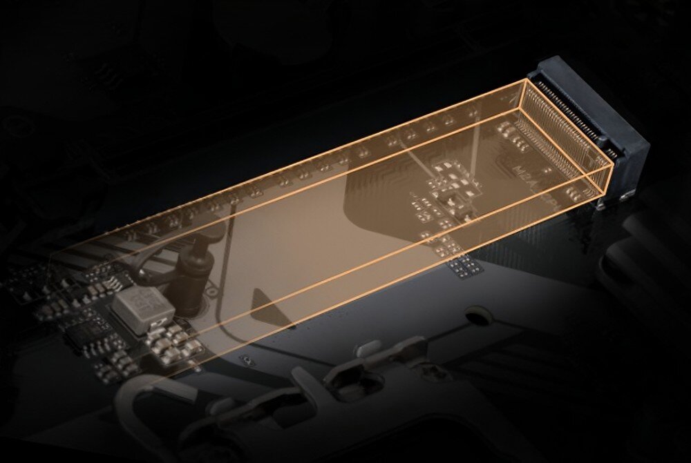 Płyta główna GIGABYTE B760M D3HP Zbliżenie na slot M.2 na płycie głównej, przeznaczony do montażu dysków SSD, interfejs PCIe 4.0, dyski SSD