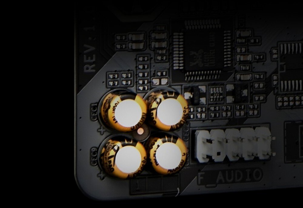 Płyta główna GIGABYTE B760M D3HP Sekcja dźwiękowa płyty głównej z widocznymi kondensatorami audio, dźwięk, audio