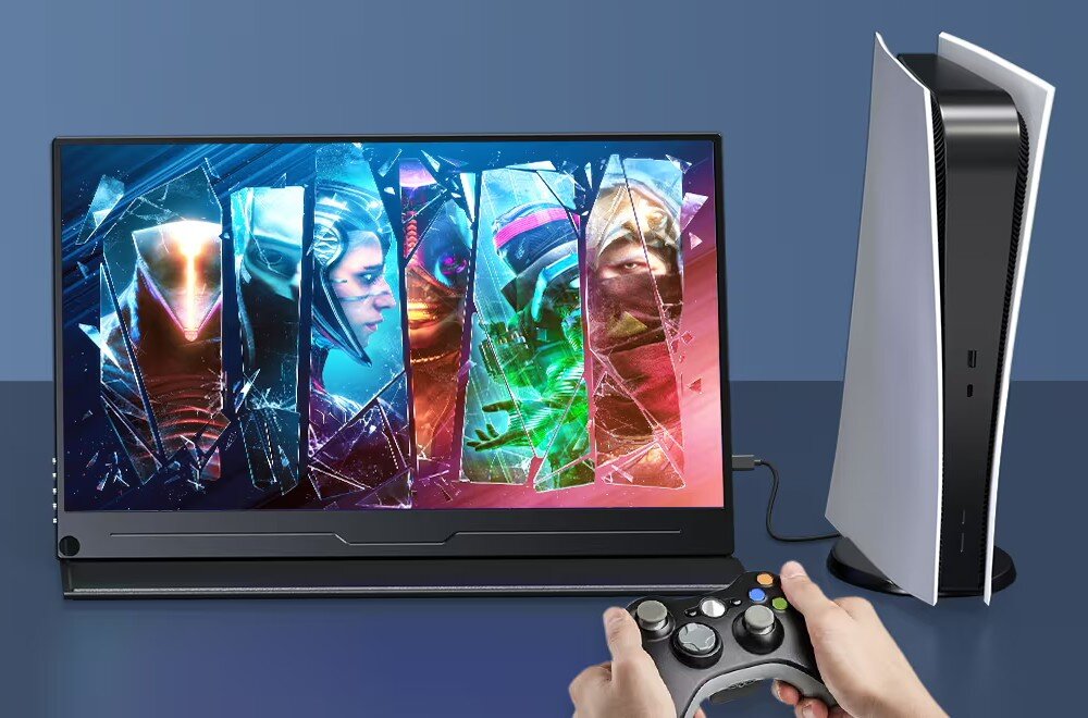 Monitor UPERFECT Ubegin B5 Ręce osoby trzymającej kontroler przed przenośnym monitorem wyświetlającym kolorową grafikę z postaciami z gry, konsole, granie, odświeżanie, czas reakcji