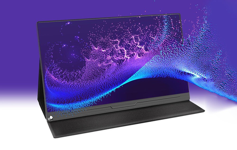 Monitor UPERFECT Ubegin B5 Przenośny monitor stojący na czarnym etui, na ekranie abstrakcyjna grafika w odcieniach fioletu i niebieskiego, cechy, zalety