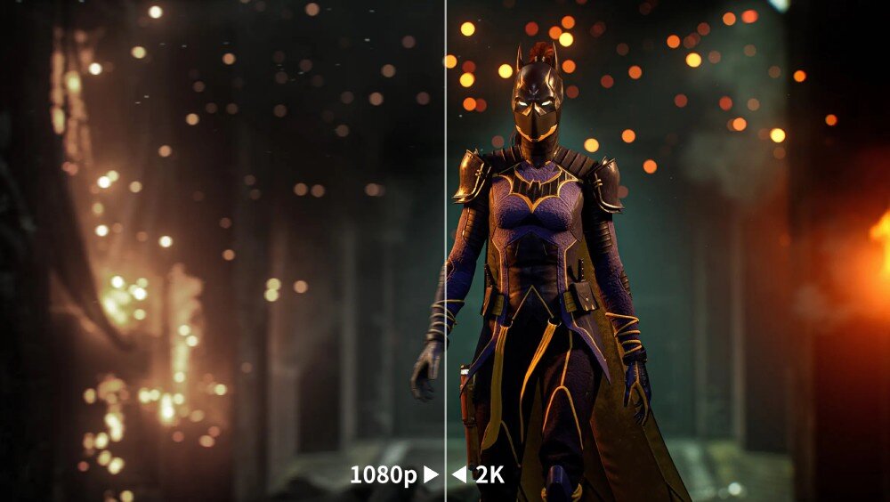 Monitor UPERFECT UGame K7 Postać w fioletowo-złotym stroju superbohatera, pośrodku ekranu widoczna linia porównująca jakość obrazu 1080p i 2K, rozdzielczość, przekątna, jakość obrazu