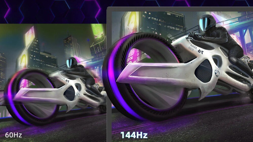 Monitor UPERFECT UGame K7 Obraz futurystycznego motocyklisty jadącego nocą przez miasto, porównanie płynności między 60 Hz a 144 Hz, odświeżanie, wsparcie FreeSync, czas reakcji, płynność