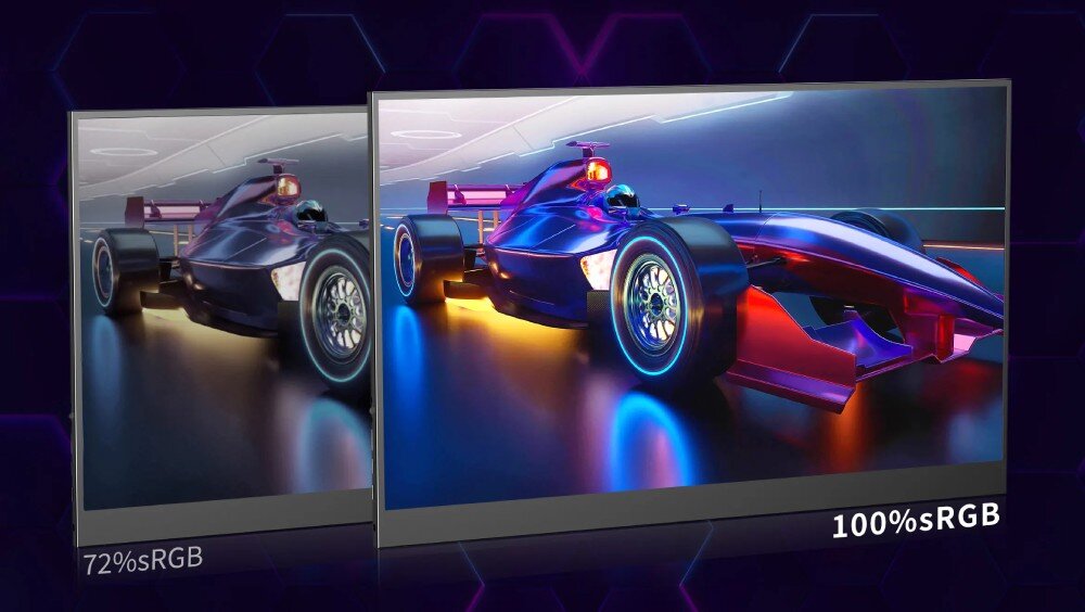 Monitor UPERFECT UGame K7 Porównanie dwóch ekranów z wyścigowym bolidem, po lewej z odwzorowaniem 72% sRGB, po prawej z odwzorowaniem 100% sRGB, kolory, odwzorowanie barw, HDR