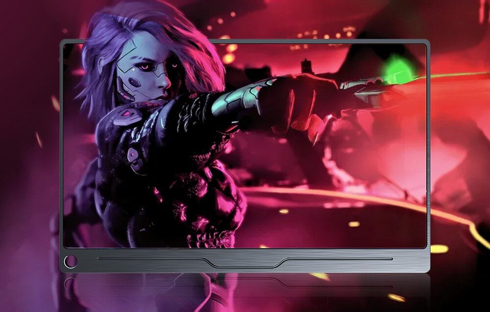 Monitor UPERFECT UGame J5 Monitor przenośny wyświetlający postać o cyberpunkowym wyglądzie celującą bronią w stronę widza na tle czerwono-fioletowej sceny, opis