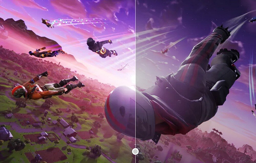 Monitor UPERFECT UGame J5 Kadr z gry z postaciami spadającymi z nieba w kierunku mapy, po lewej stronie obraz jaśniejszy, po prawej ciemniejszy, przekątna, rozdzielczość, jasność, kontrast