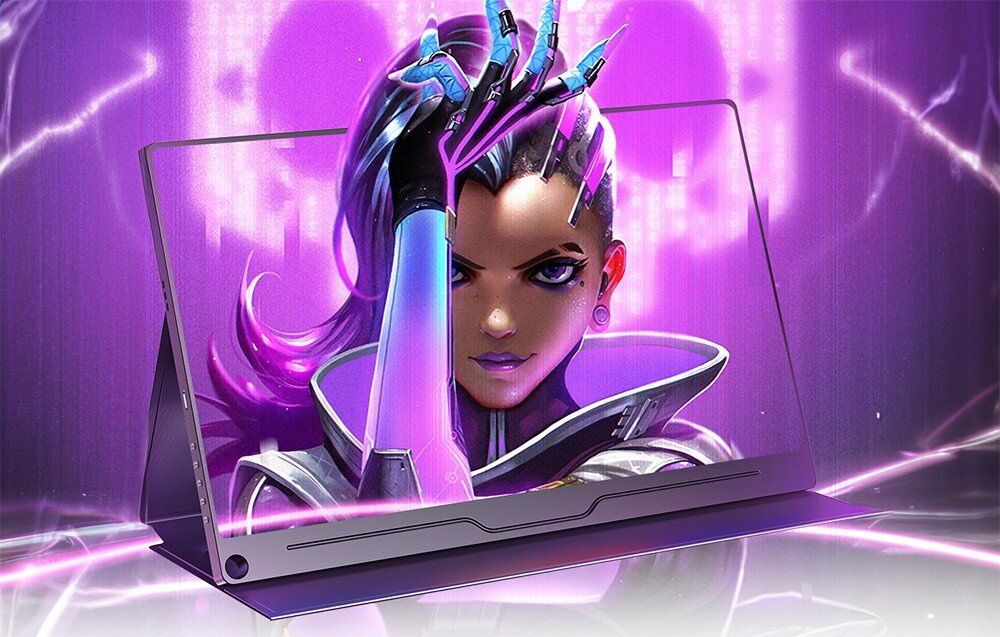 Monitor UPERFECT UGame J5 Monitor przenośny z wyświetloną futurystyczną postacią kobiecą w fioletowej stylistyce z uniesioną ręką i świecącymi elementami włosów, zasilanie, obsługa menu, redukcja niebieskiego światła