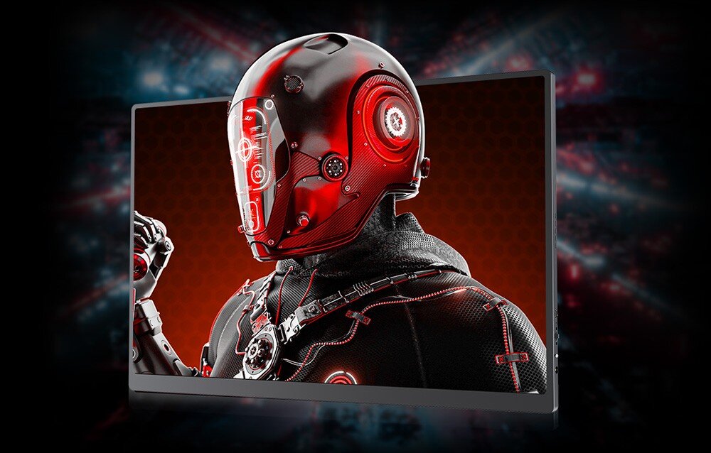 Monitor UPERFECT UGame C2 Zbliżenie na ekran monitora z futurystycznym robotem w czerwonej zbroi, przekątna, format, rozdzielczość