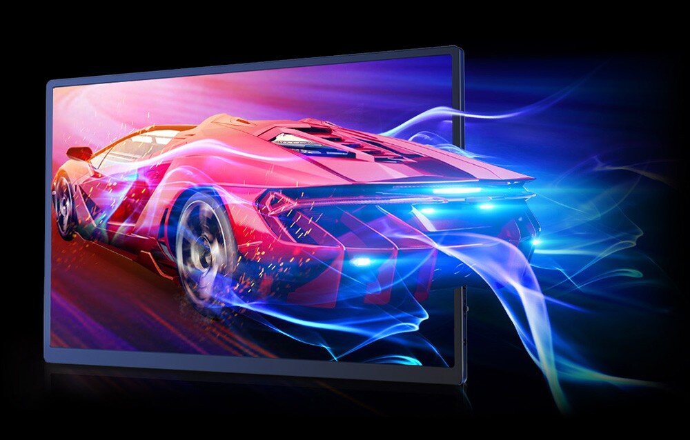 Monitor UPERFECT UGame C2 Monitor wyświetlający sportowy samochód z niebieskimi efektami świetlnymi za pojazdem, głośniki, dźwięk, audio