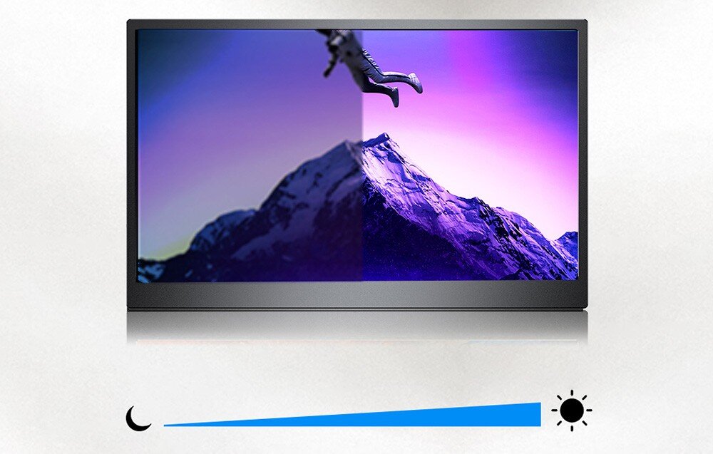 Monitor UPERFECT USetup E7 Monitor wyświetlający grafikę gór z podziałem ekranu na część ciemniejszą i jaśniejszą z ikoną księżyca i słońca poniżej, jasność, redukcja migotania, filtr niebieskiego światła