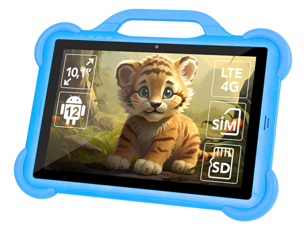 Tablet w niebieskiej obudowie z uchwytem, na ekranie widoczny rysunek młodego tygrysa. Na ekranie znajdują się także ikony z napisami: \'10,1\