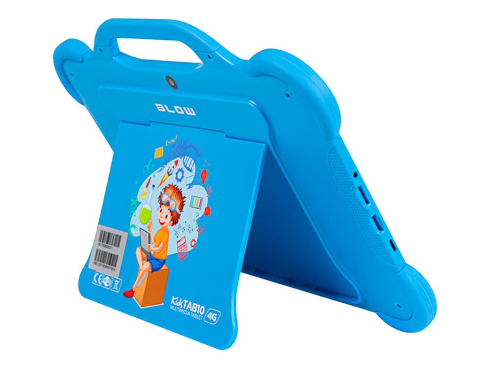 Niebieski tablet z uchwytem, na tylnej części widoczna jest kolorowa grafika z dzieckiem oraz napisy \'BLOW\' i \'KidsTAB10 MULTIMEDIA TABLET 4G\'.