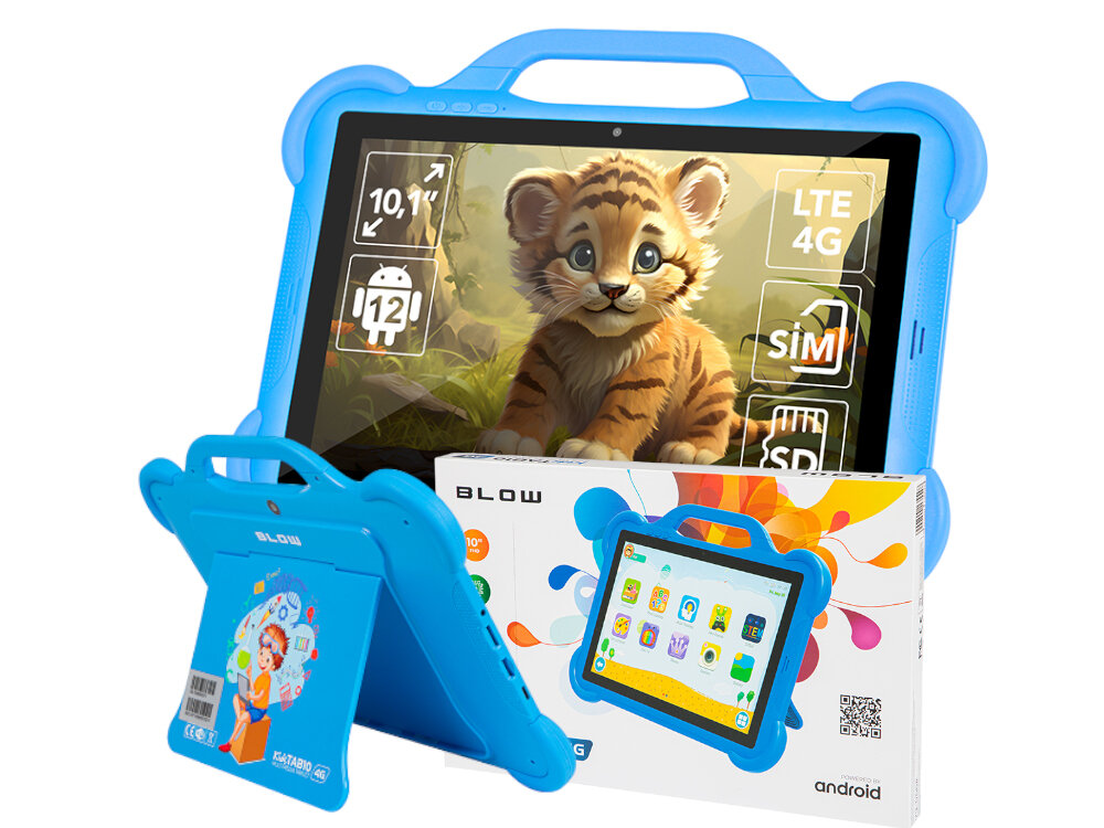 Na obrazie widoczny jest niebieski tablet z rysunkiem tygrysa na ekranie oraz ikonami LTE 4G, SIM, SD, 10,1\
