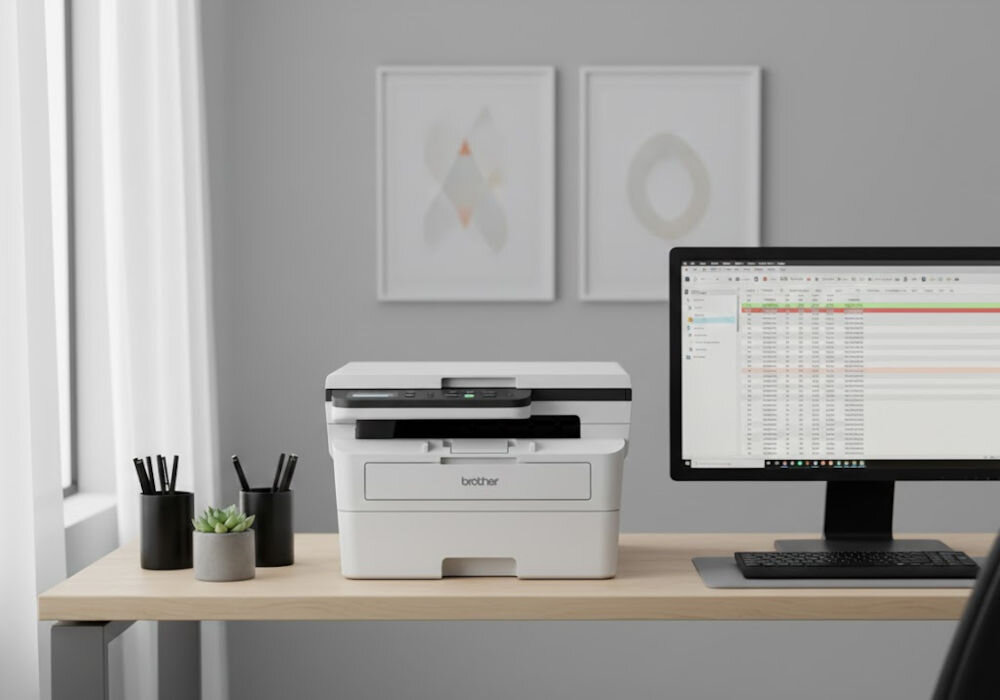 Urządzenie wielofunkcyjne BROTHER DCP-B7620DW Automatyczny druk dwustronny, Wi-Fi prezentacja urządzenia w biurze na biurku obok monitor i akcesoria biurowe