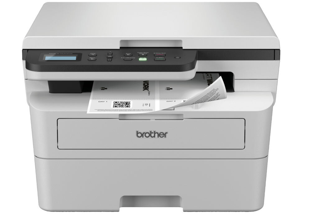 Urządzenie wielofunkcyjne BROTHER DCP-B7620DW Automatyczny druk dwustronny, Wi-Fi prezentacja urządzenia na białym tle od przodu z wychodzącą kartką druk dwustronny duplex obniżenie kosztów redukcja zużycia papieru
