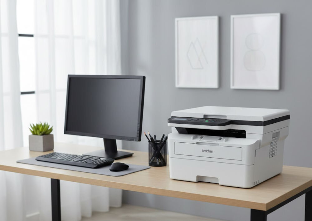 Urządzenie wielofunkcyjne BROTHER DCP-B7620DW Automatyczny druk dwustronny, Wi-Fi prezentacja urządzenia na biurku w jasnym pokoju obok monitor i akcesoria komputerowe czas wydruków mono rozdzielczość efektywne narzędzie
