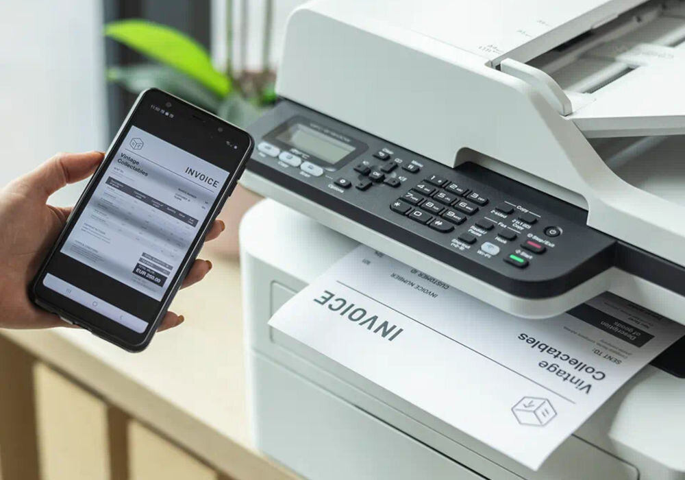 Urządzenie wielofunkcyjne BROTHER MFC-B7810DW Automatyczny druk dwustronny, WiFi zbliżenie na urządzenie ręka z telefonem przy nim rozdzielczość skanowania w kolorze dokumenty zdjęcia rozdzielczość interpolowana wysoka jakość