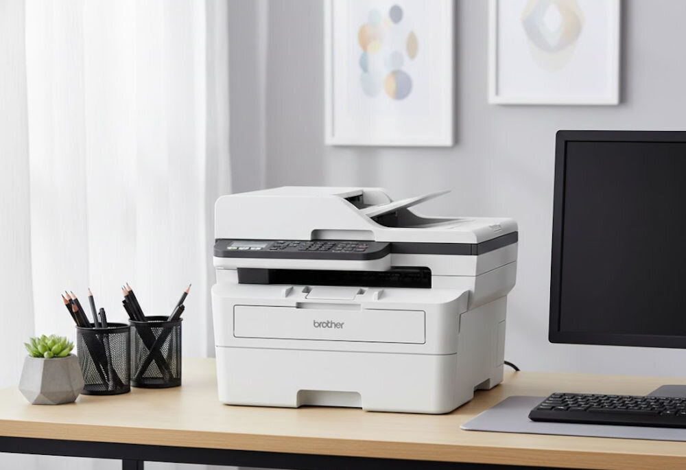 Urządzenie wielofunkcyjne BROTHER MFC-B7800DN Automatyczny druk dwustronny prezentacja urządzenia w biurze na biurku obok monitor i akcesoria biurowe