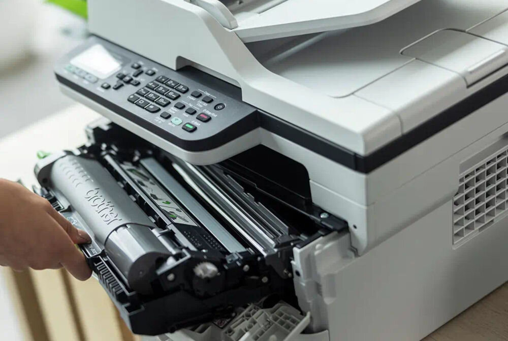 Urządzenie wielofunkcyjne BROTHER MFC-B7800DN Automatyczny druk dwustronny zbliżenie na urządzenie postawione na szafce prędkość druku tryb monochromatyczny eliminacja długiego czasu oszekiwania czas potrzebny na wydruk pierwszej strony