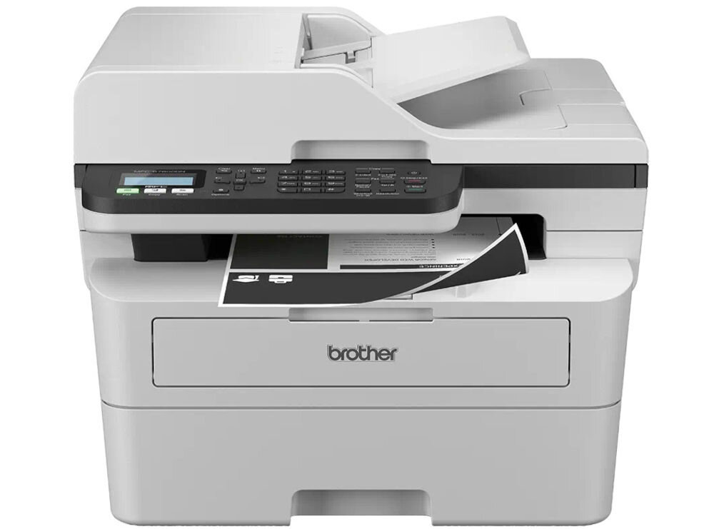 Urządzenie wielofunkcyjne BROTHER MFC-B7800DN Automatyczny druk dwustronny prezentacja urządzenia na białym tle od przodu z wychodzącą kartką druk dwustronny duplex obniżenie kosztów redukcja zużycia papieru