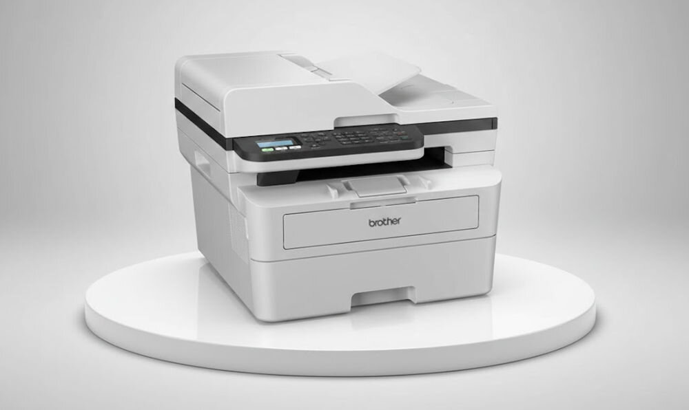 Urządzenie wielofunkcyjne BROTHER MFC-B7800DN Automatyczny druk dwustronny prezentacja urządzenia na podeście na jasnym tle czas wydruków mono rozdzielczość efektywne narzędzie