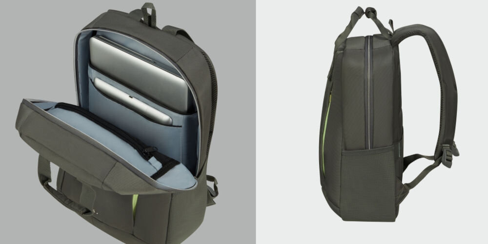 Plecak na laptopa SAMSONITE Guardit Classy 14.1
chroń swoje urządzenia, dedykowane kieszenie na laptopa o przekątnej do
14,1 cali
oraz tablet do 10,5 cali, płaska przegroda na notebook,
otwarty plecak na szarym tle, a w nim laptop oraz tablet, plecak bokiem na szarym tle